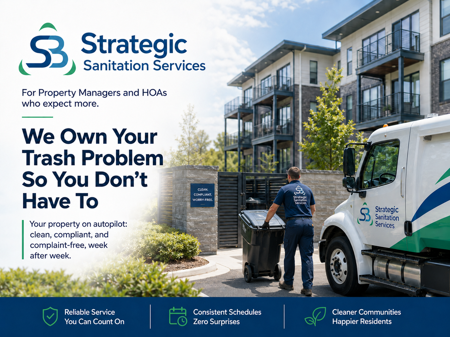 Strategic Sanitation Services homepage hero for property managers and HOAs with a branded service truck at a clean apartment community