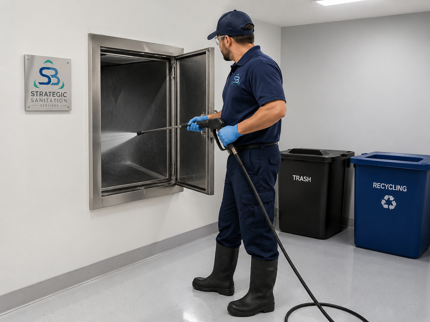 Strategic Sanitation team member pressure washing an open trash chute access door