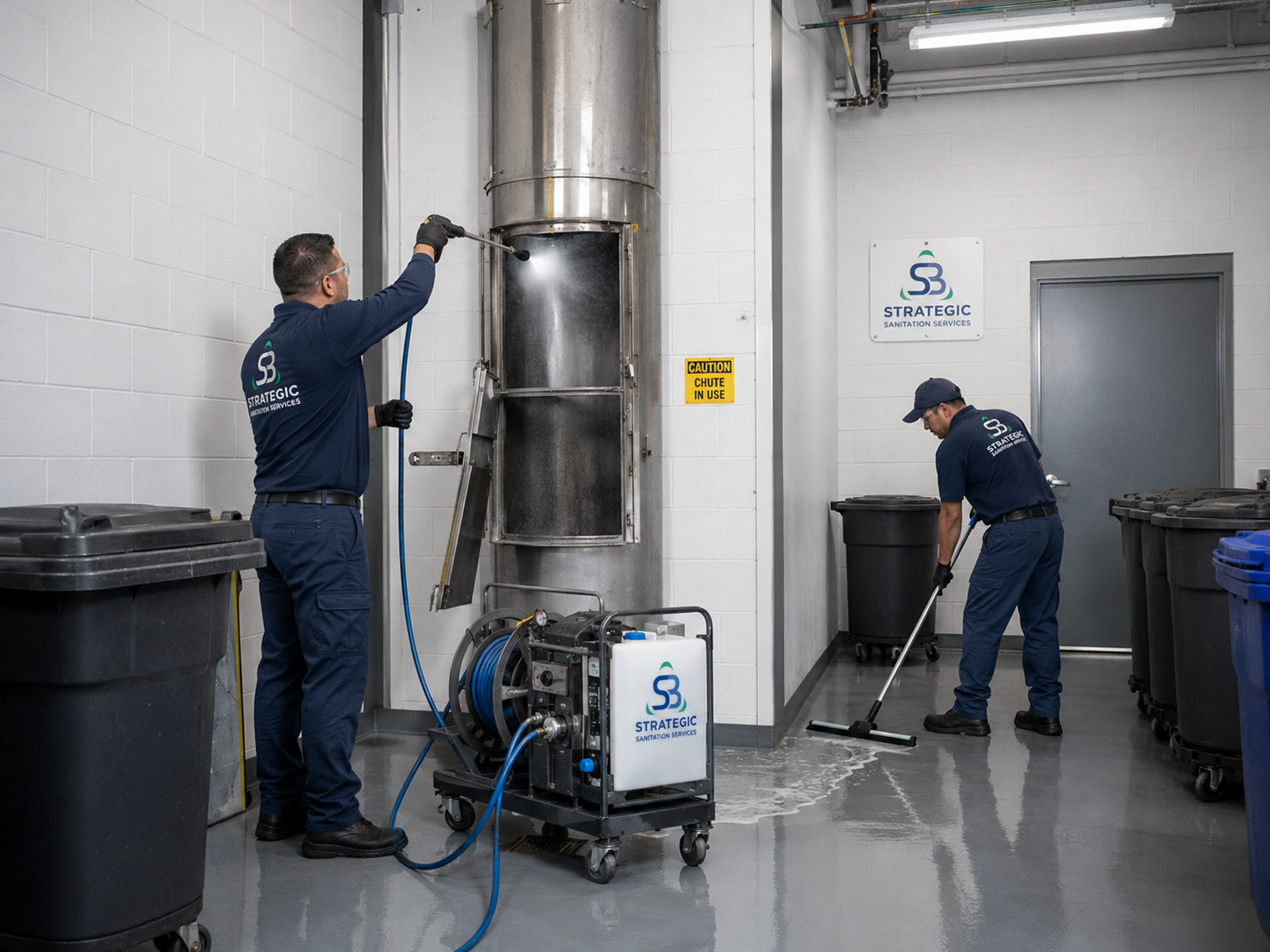 Strategic Sanitation team cleaning a trash chute room and chute system