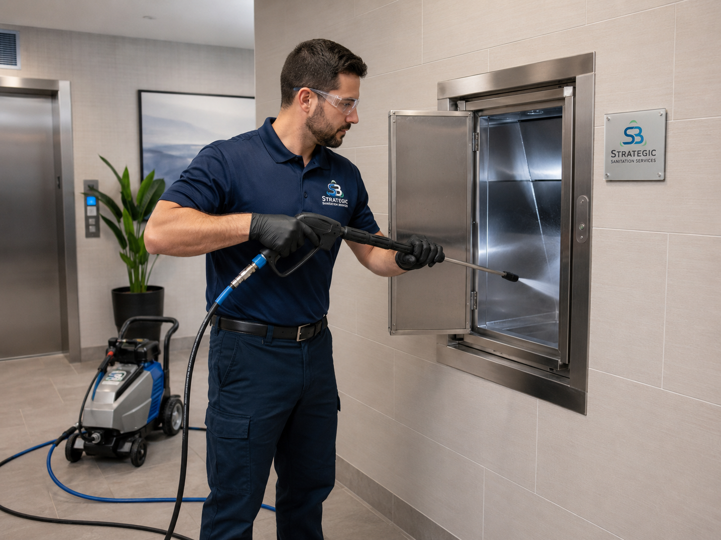 Strategic Sanitation team member cleaning the inside of a trash chute access point