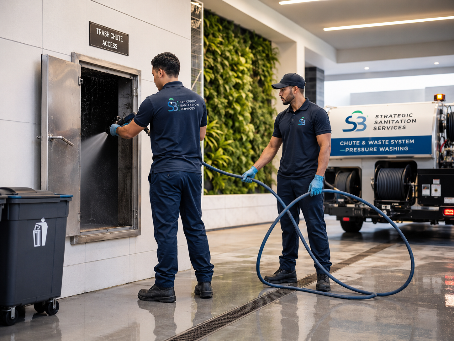 Strategic Sanitation team pressure washing a chute and waste system with service equipment