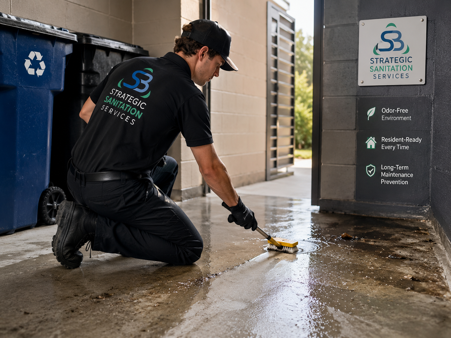 Strategic Sanitation team member scrubbing and washing an enclosure floor
