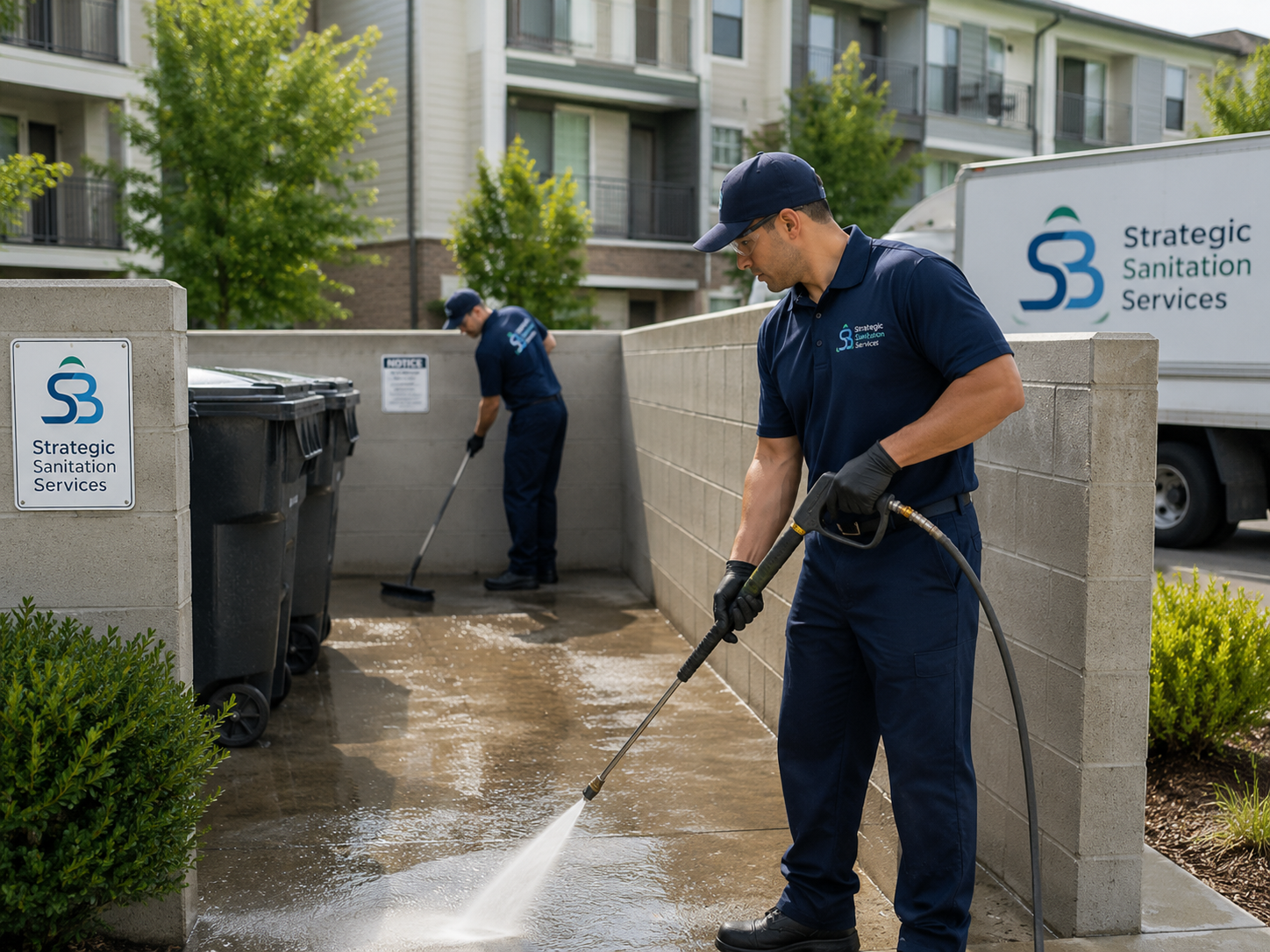 Strategic Sanitation team pressure washing a trash enclosure entrance