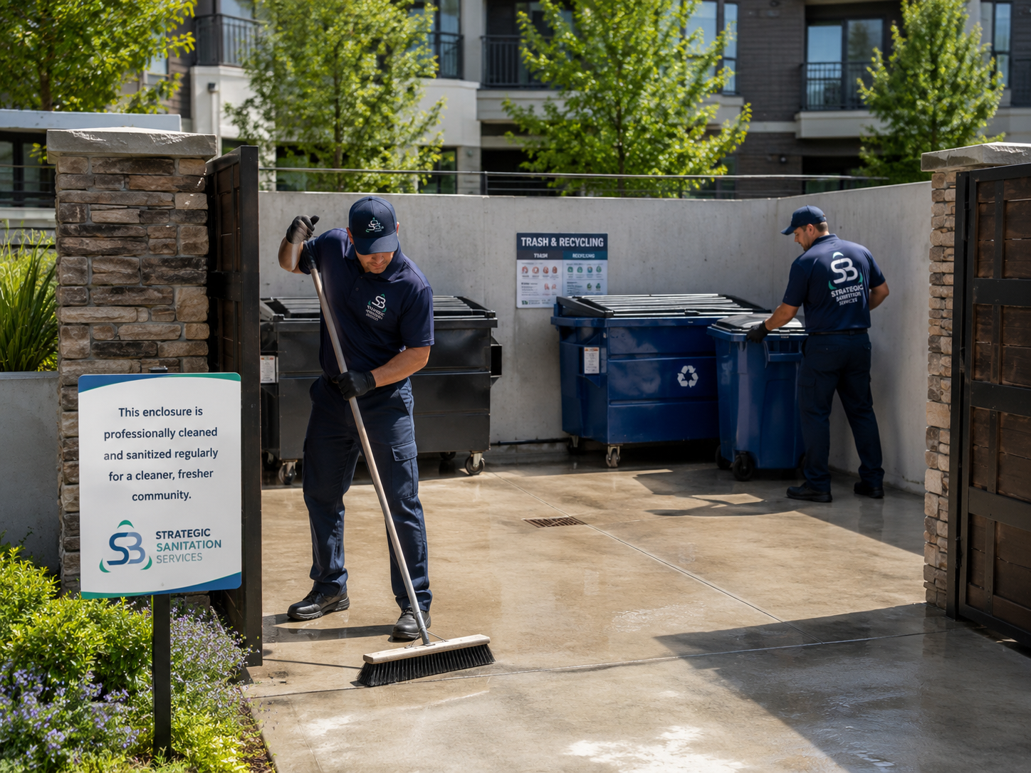 Strategic Sanitation team members maintaining a freshly cleaned trash enclosure