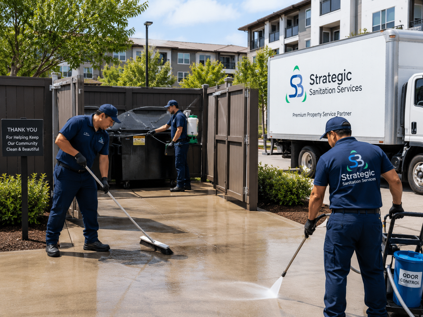 Strategic Sanitation team pressure washing a clean apartment community enclosure