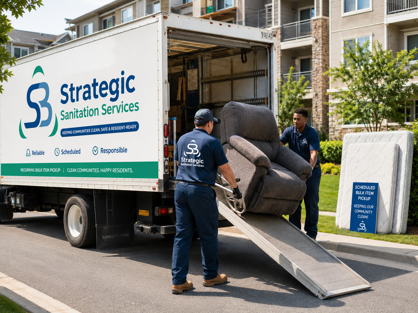 Strategic Sanitation team loading a recliner into a branded truck for large item removal