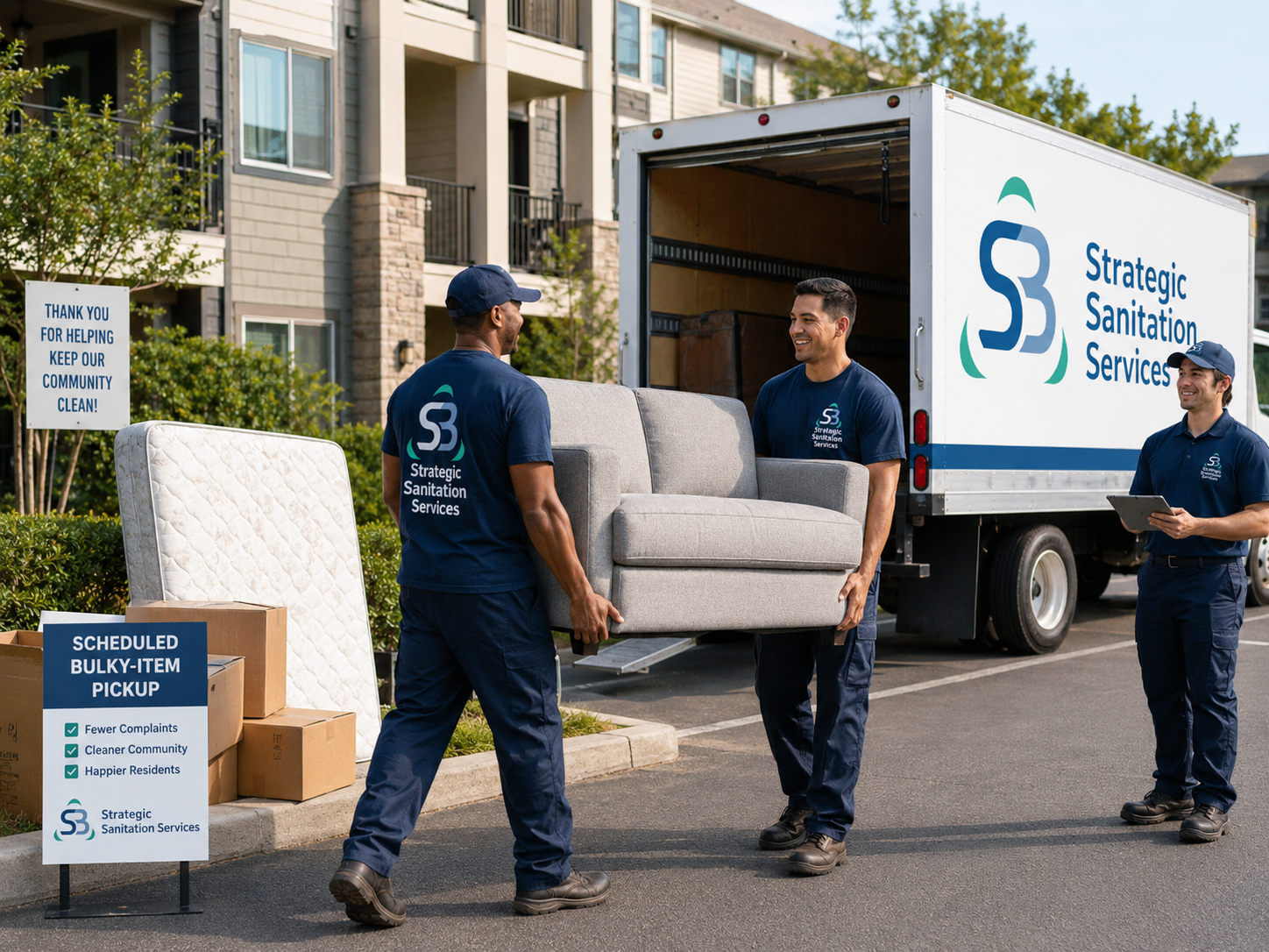 Strategic Sanitation team carrying a couch during scheduled large item pickup