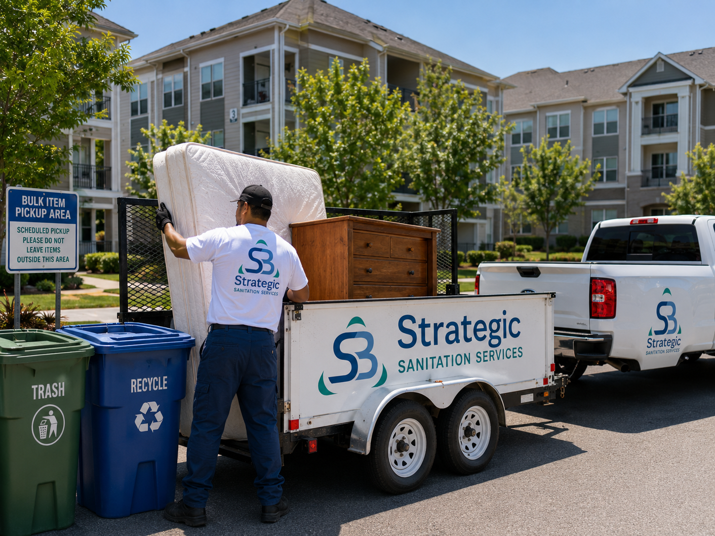 Strategic Sanitation team member loading a mattress and dresser for scheduled bulk item pickup