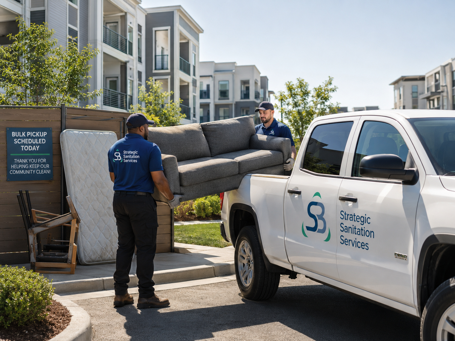 Strategic Sanitation team loading a sofa into a branded pickup truck