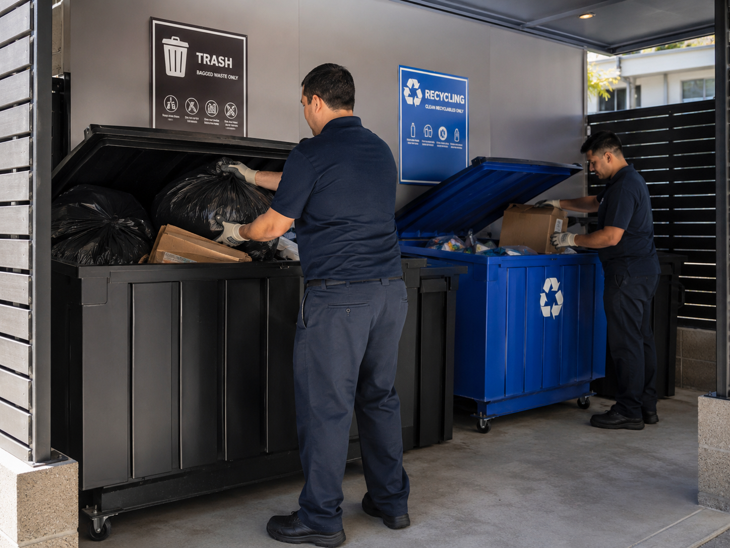Strategic Sanitation team members organizing trash and recycling bins