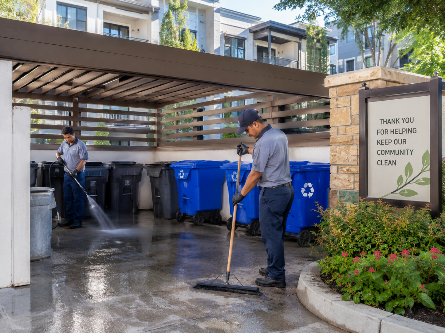 Strategic Sanitation team cleaning a polished residential trash enclosure