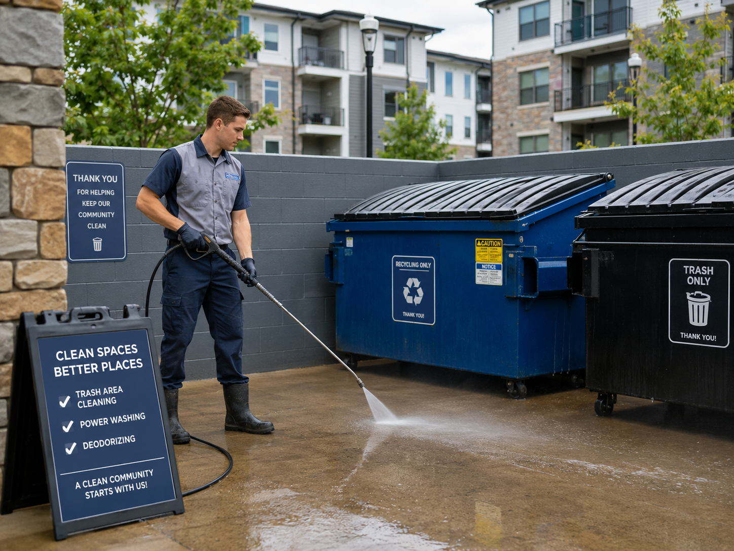 Strategic Sanitation team member pressure washing a clean apartment community trash enclosure