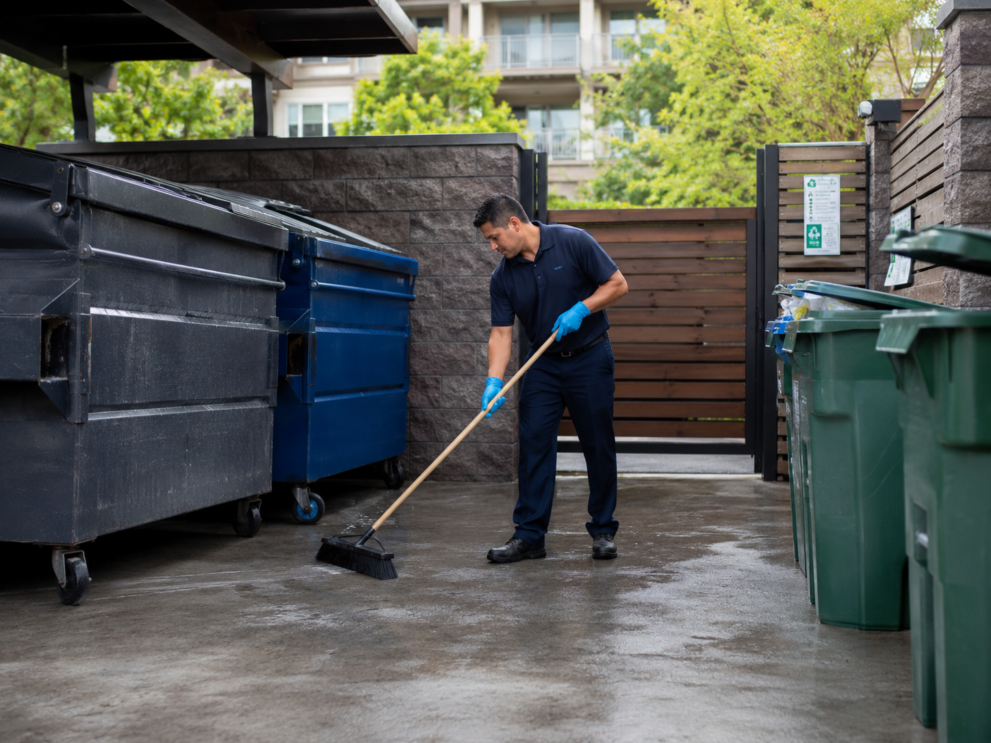 Strategic Sanitation team member sweeping an apartment community trash area