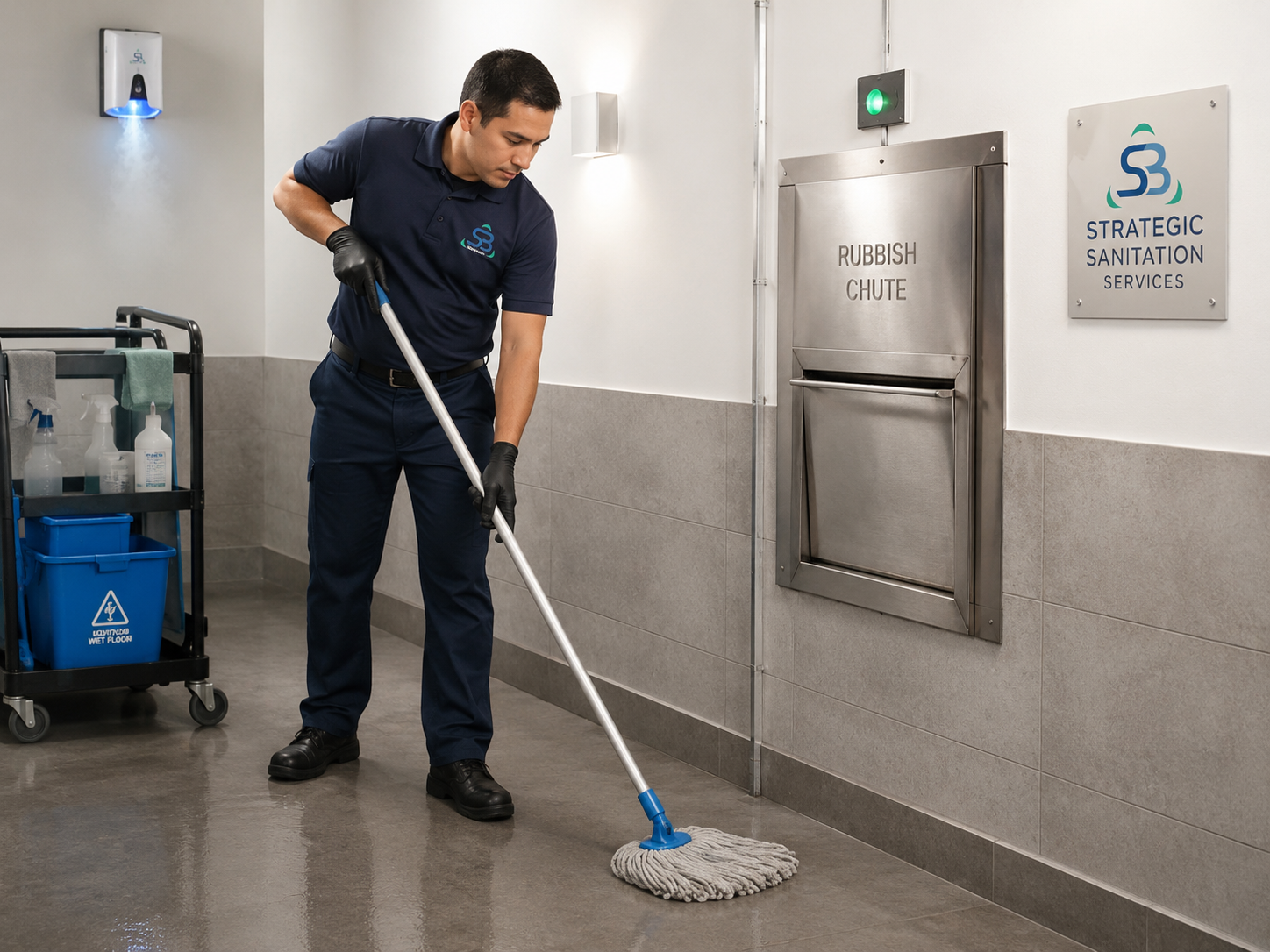 Strategic Sanitation team member mopping a clean trash chute room floor
