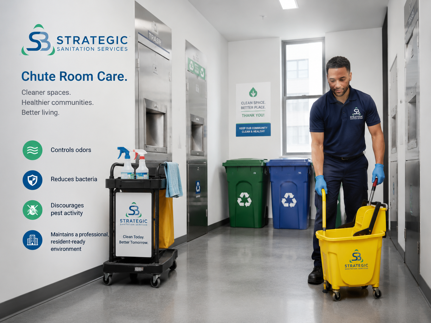 Strategic Sanitation team member providing chute room care with cleaning equipment