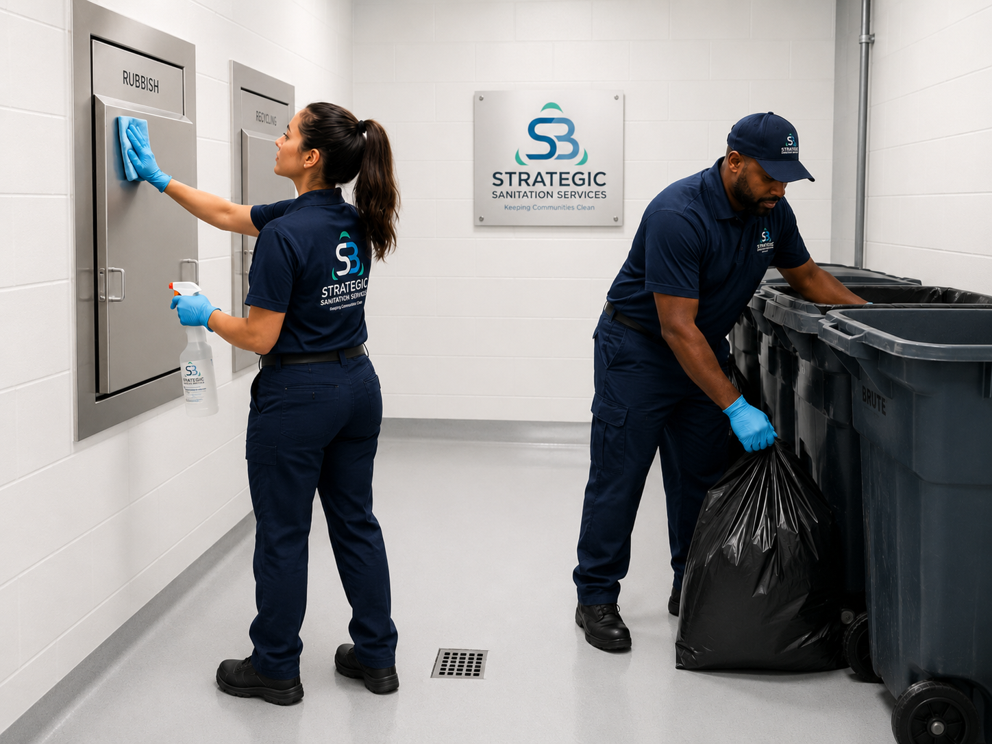 Strategic Sanitation team cleaning chute room surfaces and removing debris