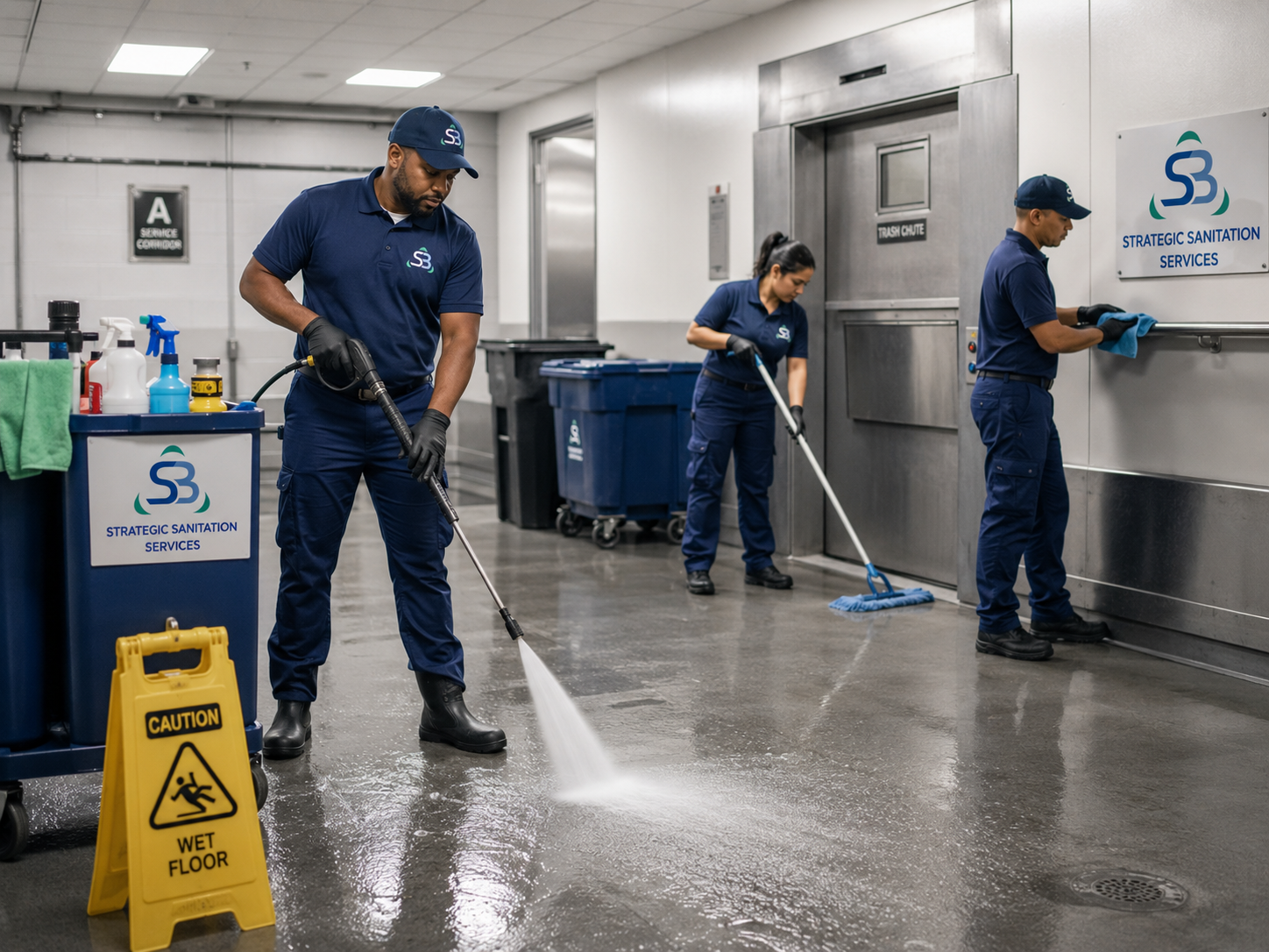 Strategic Sanitation team deep cleaning a high-traffic trash chute room