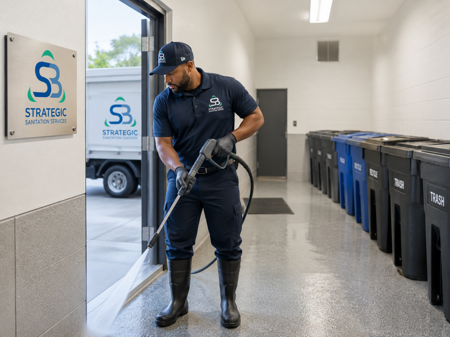 Strategic Sanitation team member pressure washing a trash room doorway