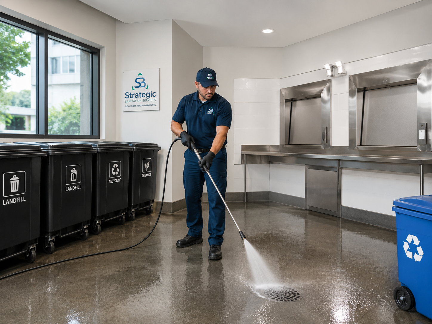 Strategic Sanitation team member pressure washing a clean trash room floor