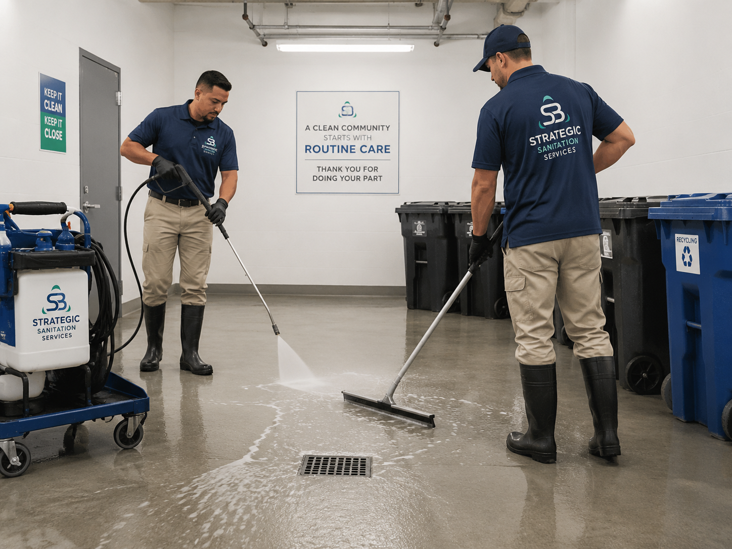 Strategic Sanitation team performing routine trash room pressure washing