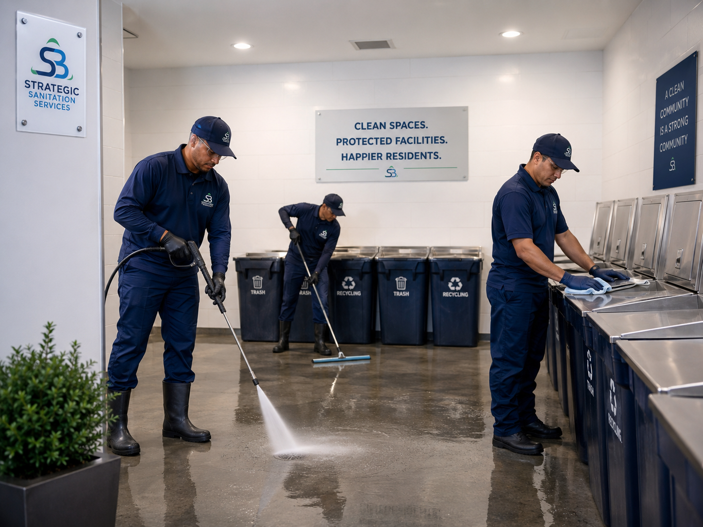 Strategic Sanitation team pressure washing and cleaning a polished trash room